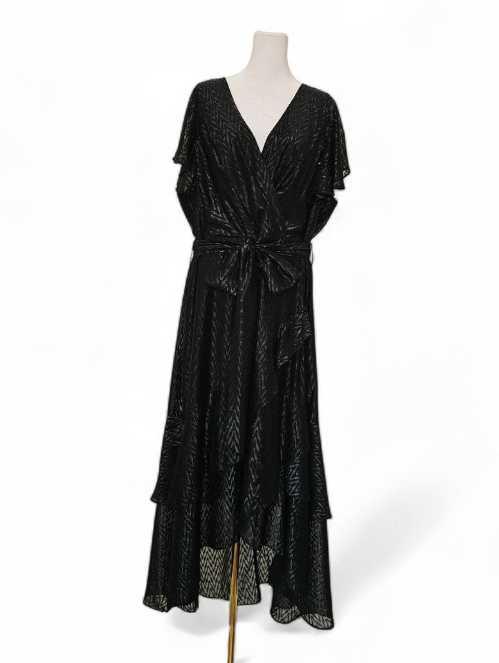 City Chic Metallic Wrap Maxi Dress Black Shimmer Flutter Sleeve